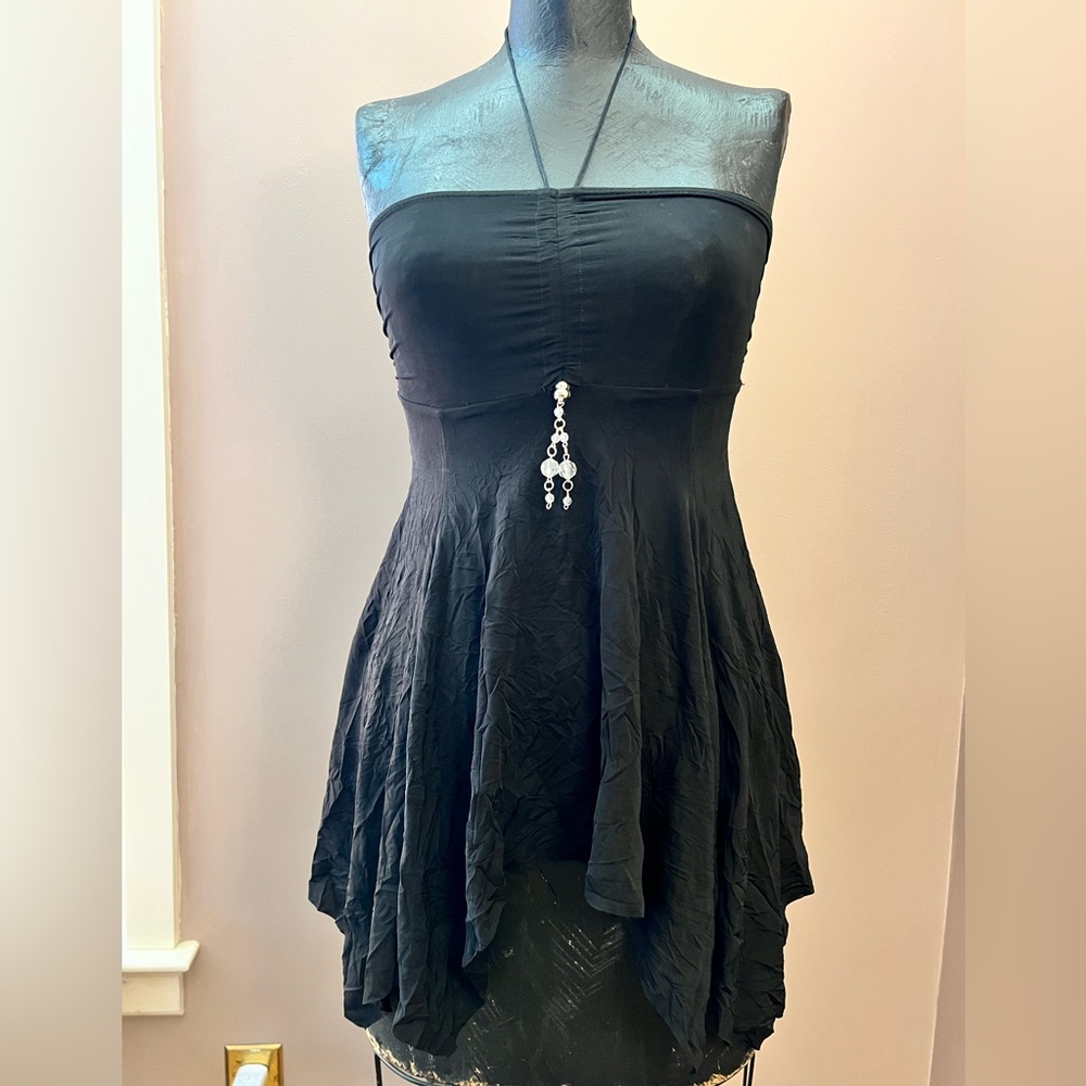 Y2K Bling Halter Black Tube Top Handkerchief Hem Size Small Summer Going Out Top
